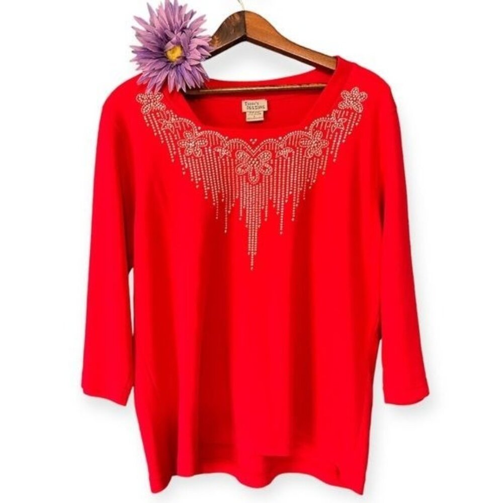 Red 3/4 Sleeve Embellished Rhinestone Top L